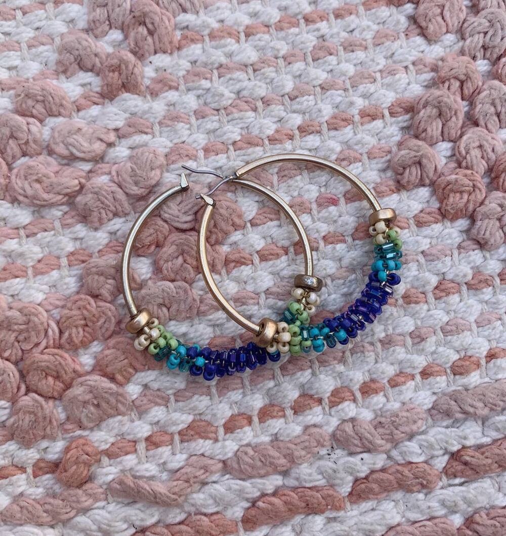 Gold and Blue Beaded Hoop Earrings